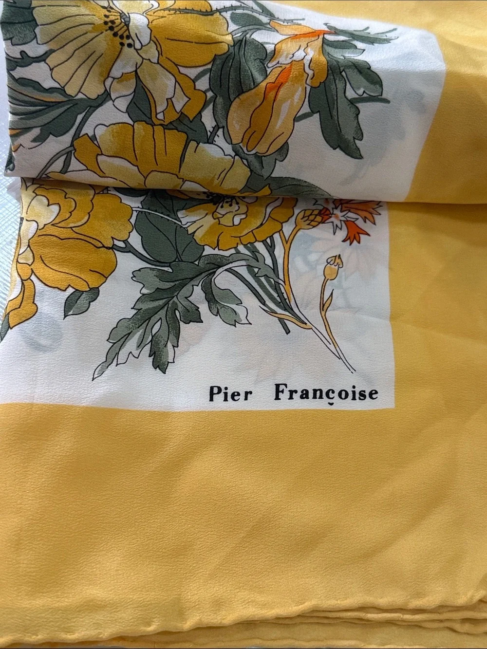 Pier Francoise Vintage Yellow Floral Silk Scarf 33” by 34”